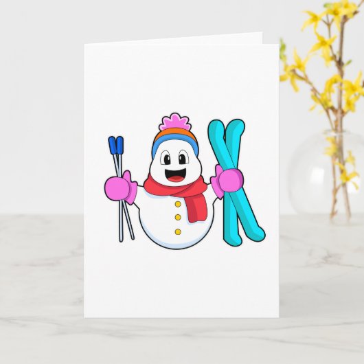 スキーで雪だるま カード (黄色い花)