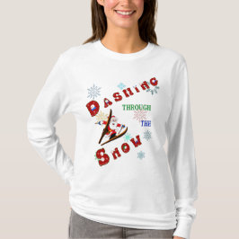 スキーで雪の中を駆けるサンタ Tシャツ