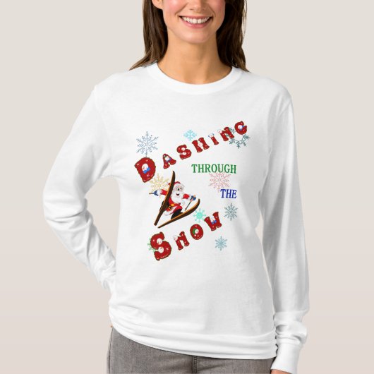 スキーで雪の中を駆けるサンタ Tシャツ (正面)