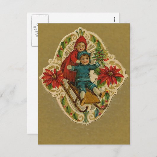 スキーとクリスマスの花の休日のカード シーズンポストカード (正面/裏面)