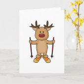 スキーとスキーポールをつけたトナカイ カード (黄色い花)