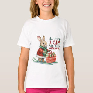 スキーにクリスマスギフトを贈る女の子うさぎ Tシャツ