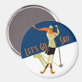 スキーに行こう！ヴィンテージデザインスキーヤー マグネット (正面/裏面)