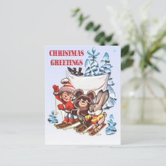 スキーのヴィンテージクリスマス、子供と動物 シーズンポストカード (スタンド正面)