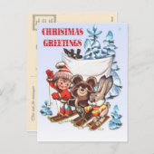 スキーのヴィンテージクリスマス、子供と動物 シーズンポストカード (正面/裏面)