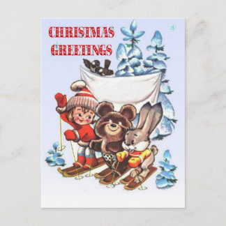 スキーのヴィンテージクリスマス、子供と動物 シーズンポストカード