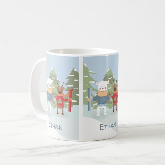 スキーの極熊とトナカイの子供のパーソナライズされたマグカップ コーヒーマグカップ (正面左)