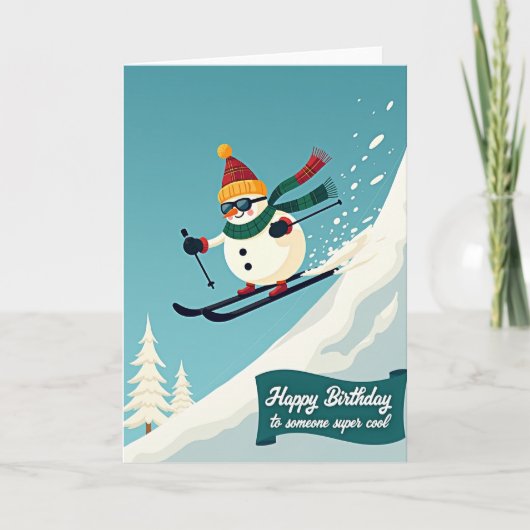 スキーをする雪だるまの誕生日カード カード (正面)