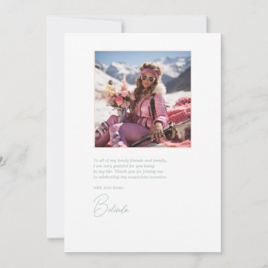 スキーをテーマにしたソーシャルクラブバチェロレッテ写真 サンキューカード (裏面)