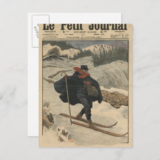 スキーを使用したアルパインポストメン ポストカード (正面/裏面)