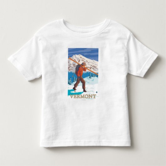 スキーを運んでいるVermontSkier トドラーTシャツ (正面)