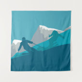 スキーアットマウンテンズスキーヤー抽象芸術イラストレーション タペストリー (正面)