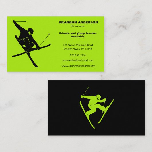 スキーインストラクター、スキーレッスン、スキーヤーレンタル 名刺 (正面/裏面)