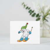 スキーウェアの北極熊 スキー＆ボブ帽子付き ポストカード (スタンド正面)