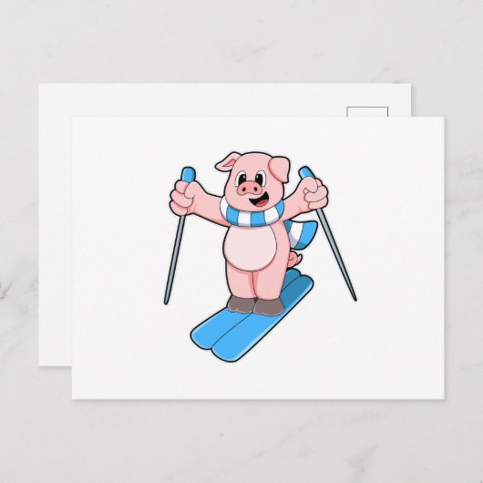 スキーウェアの豚 スキーマフラーとスキーポール付き ポストカード (正面/裏面)