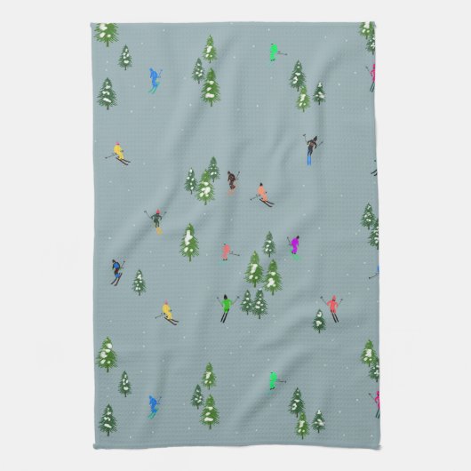 スキーオープニングクリスマススキーホリデースキーズブルー キッチンタオル (縦)