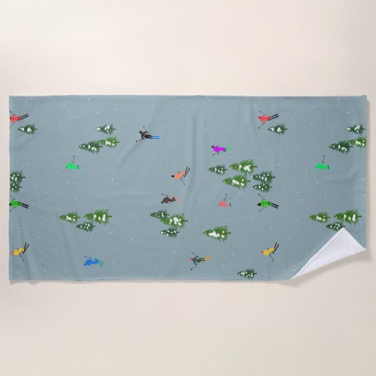 スキーオープニングクリスマススキーホリデースキーズブルー ビーチタオル (正面)