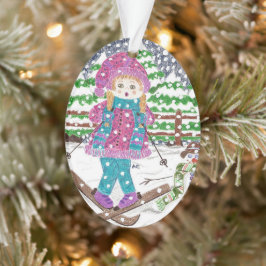 スキーガールの楕円形アクリルクリスマス装飾品 オーナメント
