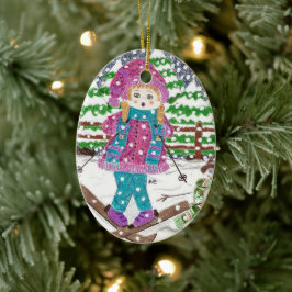 スキーガールオーバルセラミッククリスマスオーナメント セラミックオーナメント