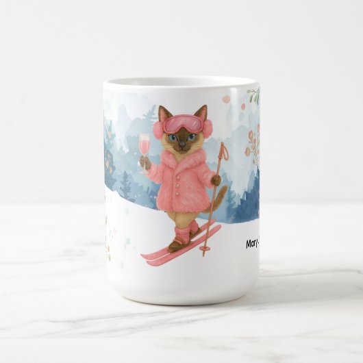 スキーキャットはピンクのバチェロレッテパーティーでスキーをしています コーヒーマグカップ (中央)