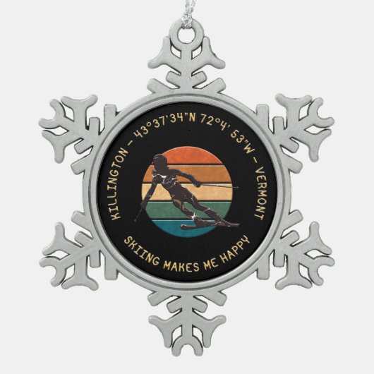 スキーキリントン,バーモント – 女性スキーヤー,イエロー文字 スノーフレークピューターオーナメント (正面)