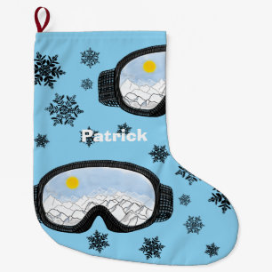 スキーゴーグルと雪お洒落片 ラージクリスマスストッキング
