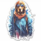 スキーゴーグルをつけたスキー犬 5 シール (正面)