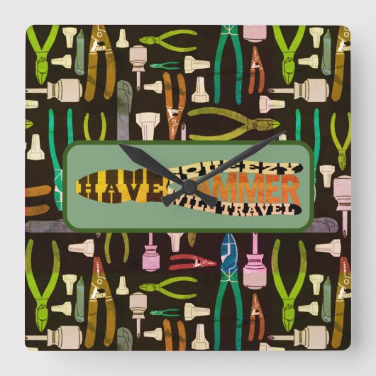 スキージハンマーを持っている旅行レトロ スクエア壁時計 (正面)