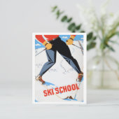 スキースクール、スキーに乗った男性、ビンテージの旅行絵葉書 ポストカード (スタンド正面)
