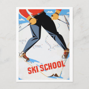 スキースクール、スキーに乗った男性、ビンテージの旅行絵葉書 ポストカード
