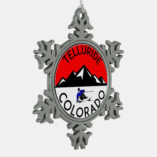 スキーテルル化物のコロラド州のスキー スノーフレークピューターオーナメント (左)