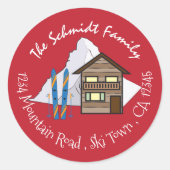 スキーバケーションドードルファミリーレッド封筒用シール ラウンドシール (正面)