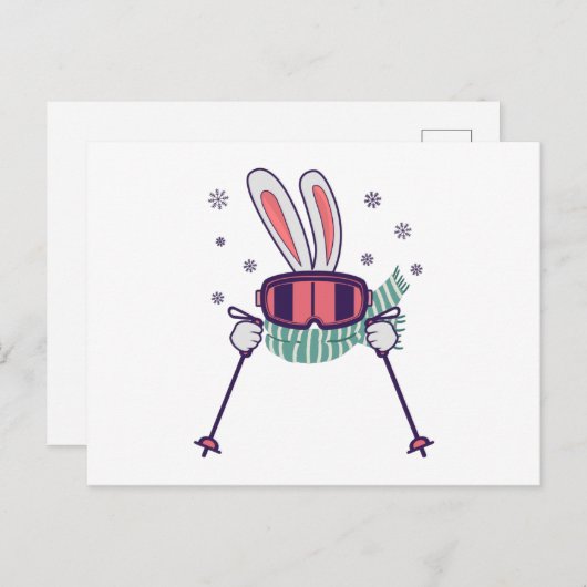 スキーポールとスキーゴーグルとスカーフを持つスキーウサギ ポストカード (正面/裏面)