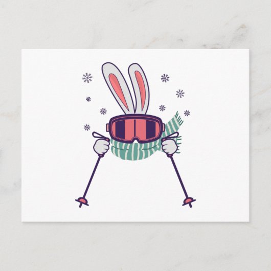 スキーポールとスキーゴーグルとスカーフを持つスキーウサギ ポストカード (正面)