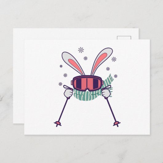 スキーポールとスキーゴーグルとスカーフを持つスキーウサギ ポストカード (正面/裏面)