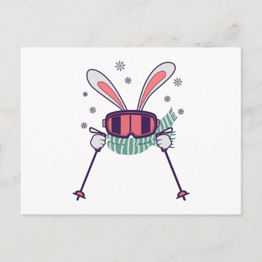 スキーポールとスキーゴーグルとスカーフを持つスキーウサギ ポストカード (正面)