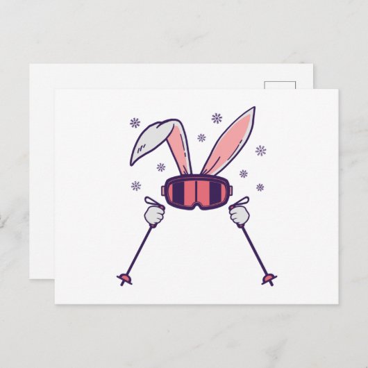 スキーポールとスキーゴーグルを持つスキーウサギ ポストカード (正面/裏面)