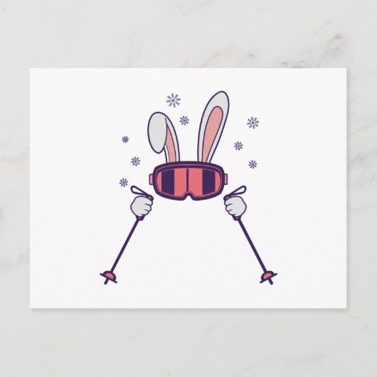 スキーポールとスキーゴーグルを持つスキーウサギ ポストカード (正面)