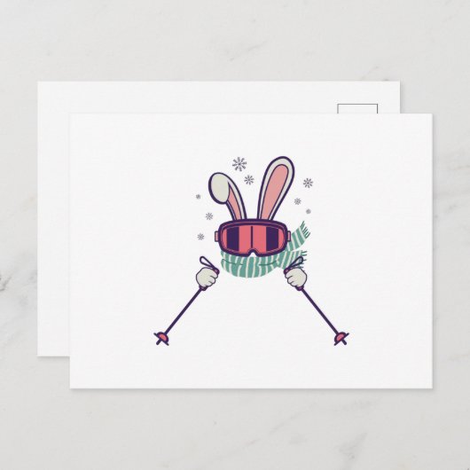 スキーポールとスキーゴーグルを持つスキーウサギ ポストカード (正面/裏面)