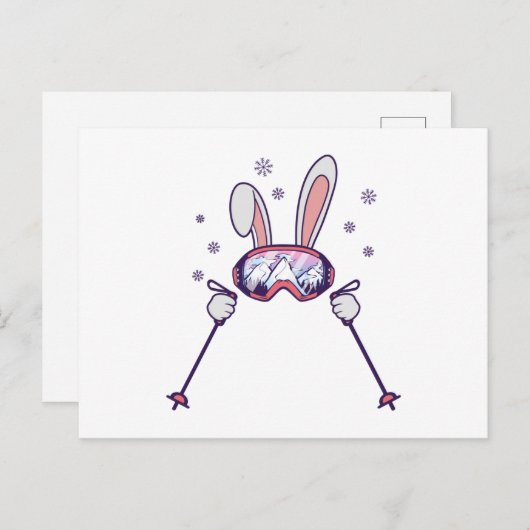スキーポールとスキーゴーグルを持つスキーウサギ ポストカード (正面/裏面)