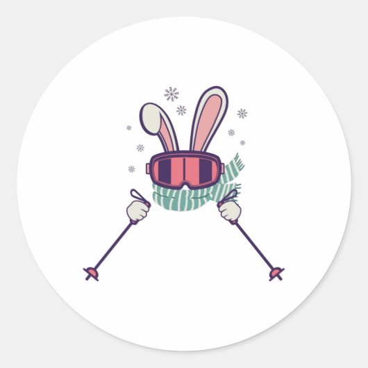 スキーポールとスキーゴーグルを持つスキーウサギ ラウンドシール (正面)