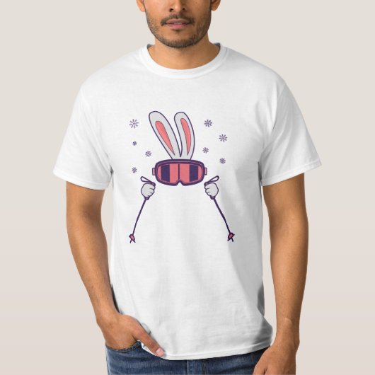 スキーポールとスキーゴーグルを持つスキーウサギ Tシャツ (正面)