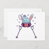 スキーポール付きスキー用のウサギのスキーキャップ ポストカード (正面/裏面)