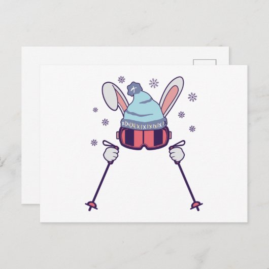 スキーポール付きスキー用のウサギのスキーキャップ ポストカード (正面/裏面)