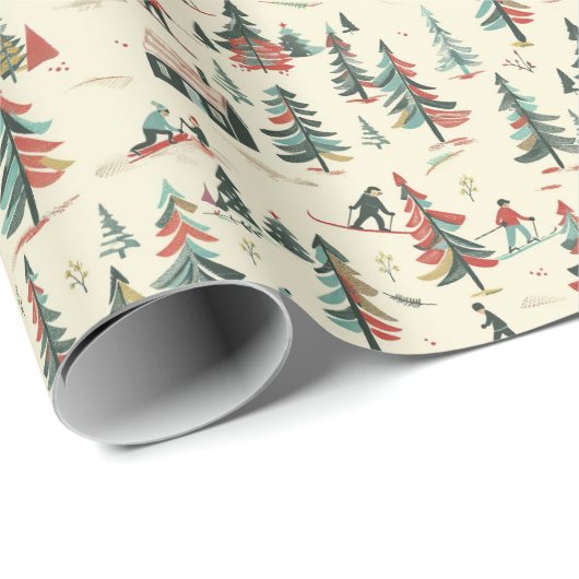 スキーヤーとモミの木:冬のシーンパターン ラッピングペーパー (ロールコーナー)