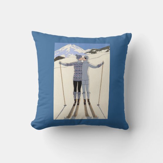 スキーヤーのキス-アールヌーボーのヴィンテージポスター クッション (正面)