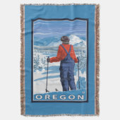 スキーヤーの敬服の念に満ちたヴィンテージ旅行ポスター スローブランケット (正面縦)