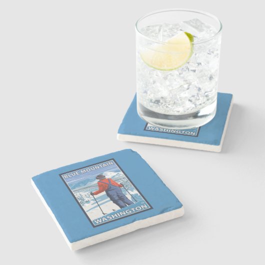 スキーヤーの賞賛-青い山、ワシントン州 ストーンコースター (横)