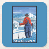 スキーヤーのAdmiringMontanaVintage旅行ポスター スクエアペーパーコースター (正面)