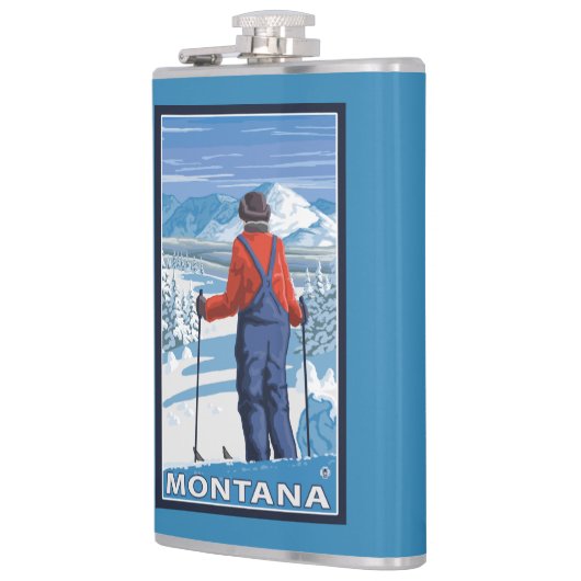 スキーヤーのAdmiringMontanaVintage旅行ポスター フラスク (左)